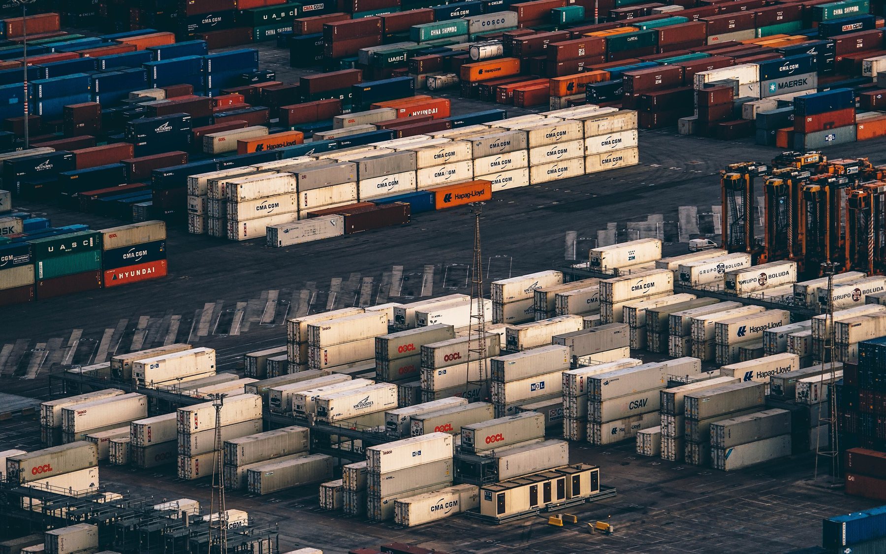 Commercial ocean freight port with stacked containers